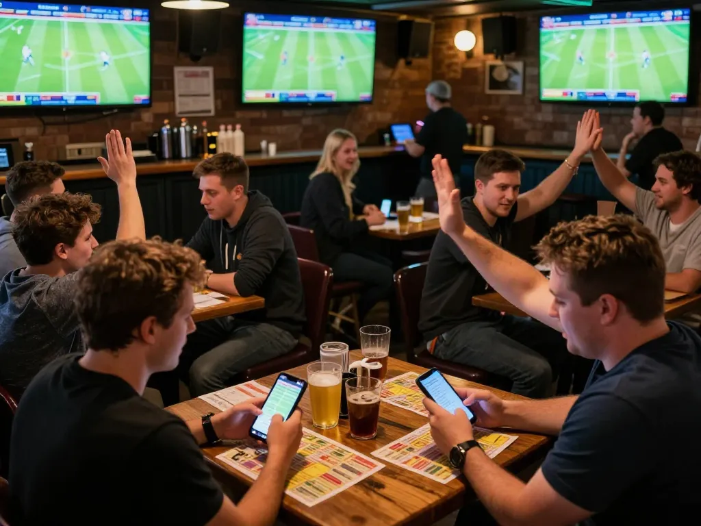 Engaged fans using https://cakhiatv.design/ for sports betting excitement in a lively pub atmosphere