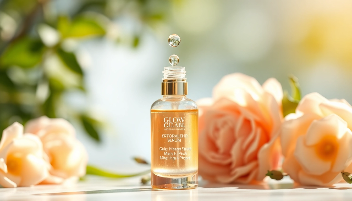Showcasing the Glow Blend serum's luminous appeal in a natural setting with elegant details.