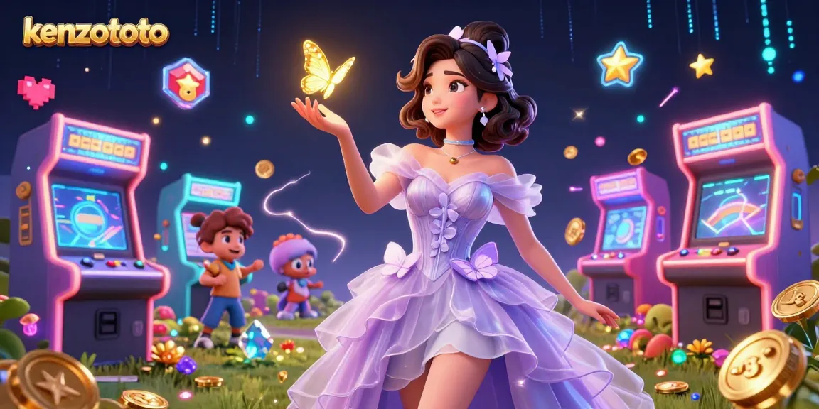 Experience kenzototo action with a stunning Asian woman leading a vibrant casino scene filled with colors and game elements.
