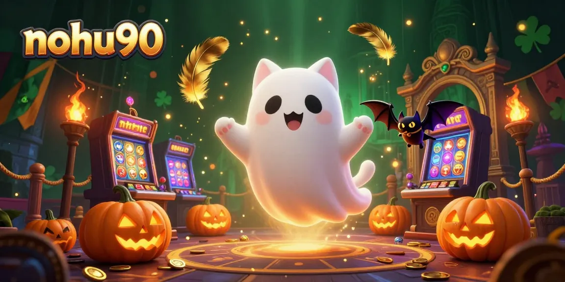 Experience thrilling gameplay at nohu90 with an animated ghost cat and vibrant casino elements.