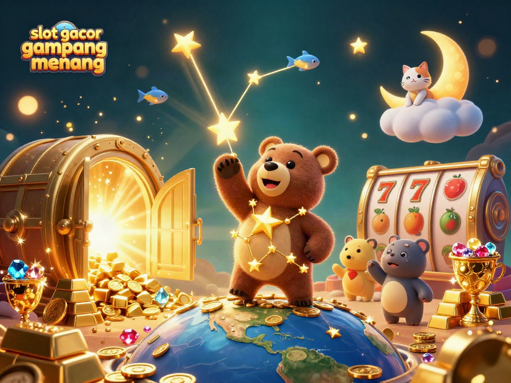 Engage with slot gacor gampang menang as the constellation bear scoops coins amidst dynamic 3D gambling elements.