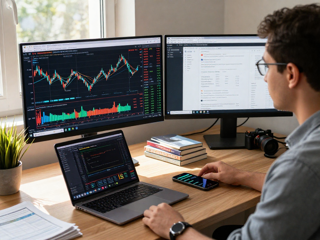 在TradingView官网上，交易者使用双显示器进行市场分析，展示金融图表和社区见解，传达专注和专业。