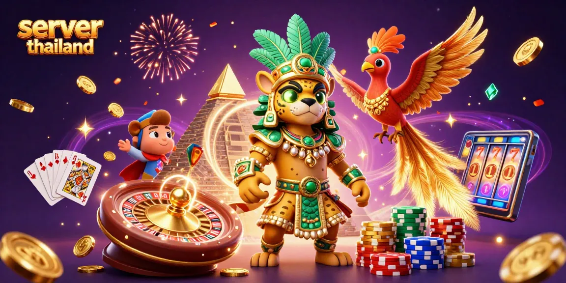Spin to win with server thailand, featuring Mayan priest and vibrant casino elements.
