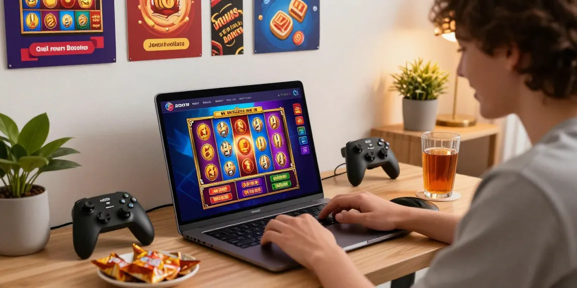 Excited gamer engaging with slot deposit 1000 promotions on laptop in a stylish e-commerce setup.