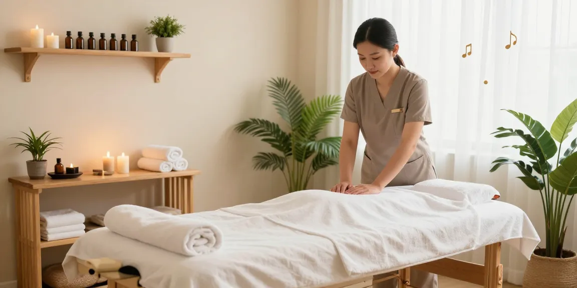 1인샵 massage therapy setup featuring a serene and inviting space with soft lighting, aromatic oils, and a therapist preparing for a session.