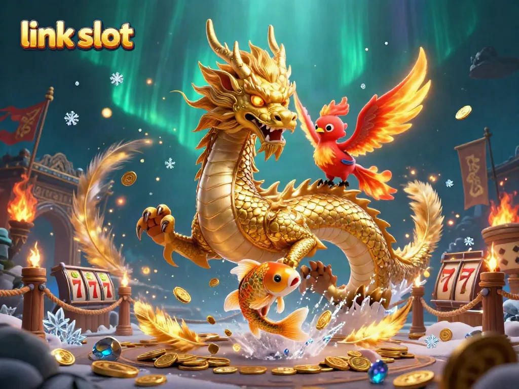Gambarkan link slot dengan naga emas dan ikan koi berharga dalam suasana slot yang berkilauan.