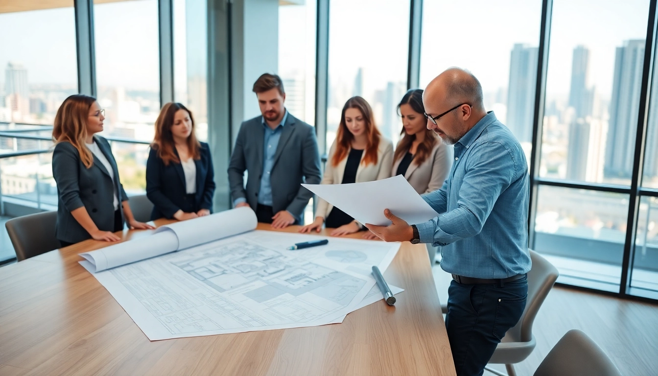 Commercial architect collaborating with a team over blueprints in a bright office