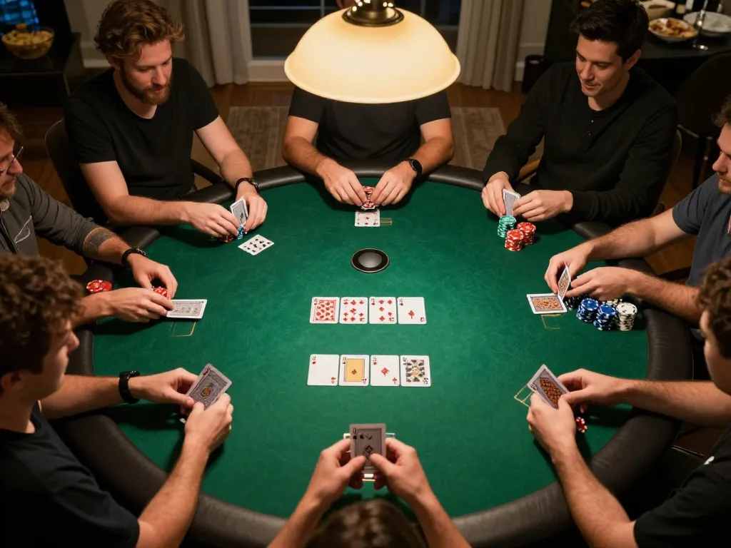 A competitive poker game night featuring players engaged at a table playing casino non aams with drinks and snacks present.