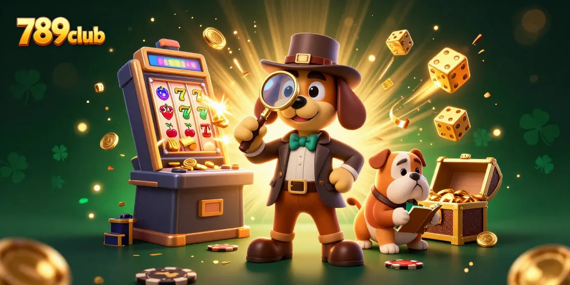 Experience the excitement at 789club with a cartoon detective uncovering a jackpot in a lively casino scene.