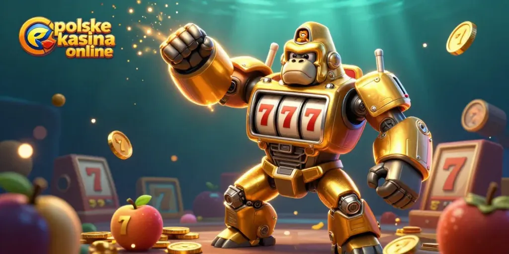 Experience polskie kasyna online with a vibrant 3D illustration featuring a golden gorilla mech and slot machine elements.