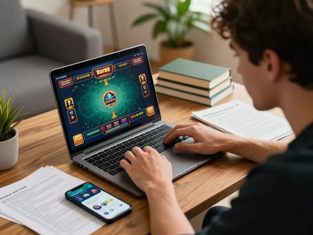 Player enjoying Bet88 online casino game on a laptop with strategy notes and warm lighting.