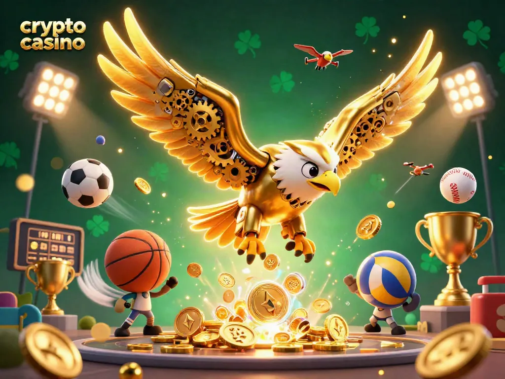 Scopri il crypto casino con un'aquila dorata e monete Bitcoin in volo durante il gioco.