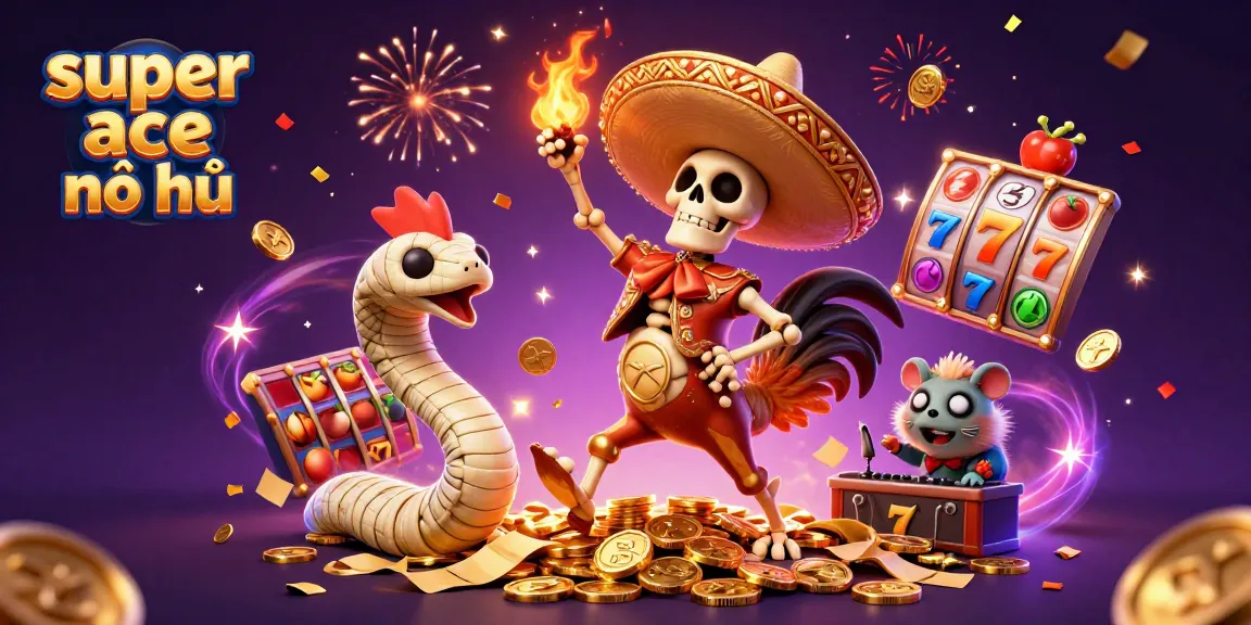 Experience the thrill of super ace nổ hũ with vibrant characters enjoying big jackpots, sliding coin-filled reels, and dynamic celebratory elements.