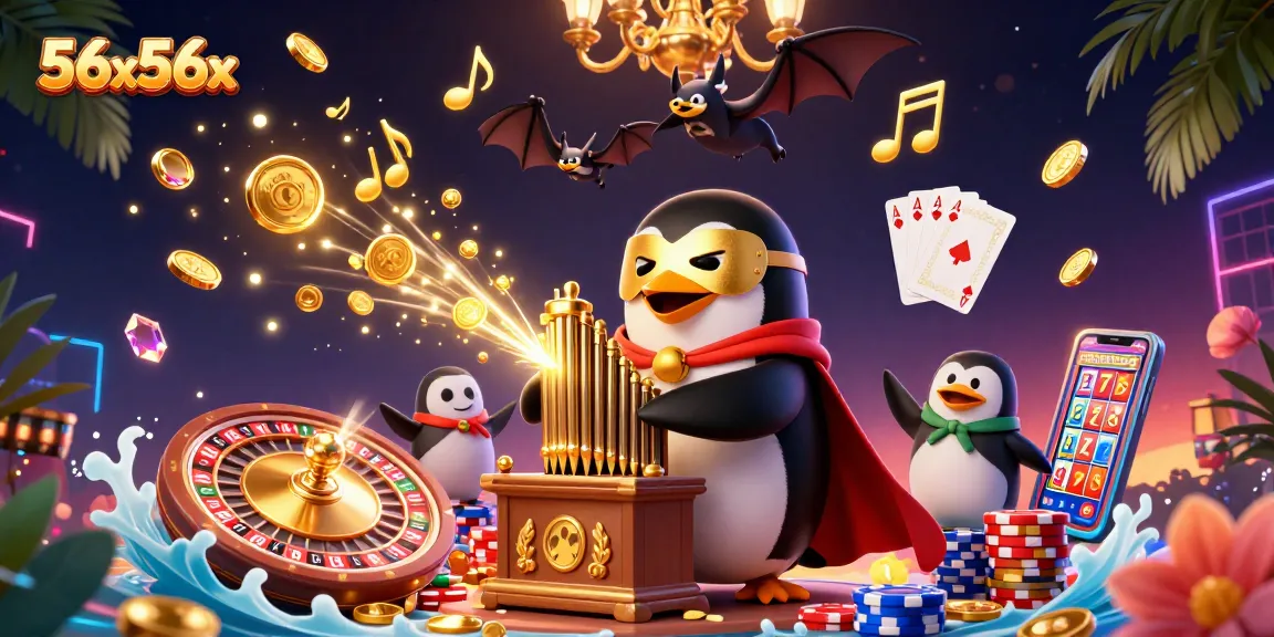 Experience the vibrant world of 56x56x with a phantom opera penguin at a dynamic casino scene.