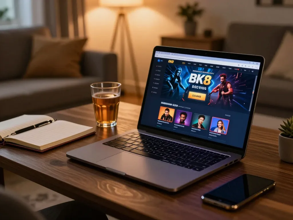 BK8 online casino gaming setup with laptop displaying interface, cozy home environment.