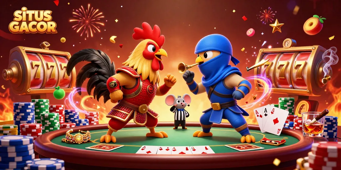 SITUS GACOR showcases cartoon roosters competing amidst spinning slot reels and vibrant poker elements.