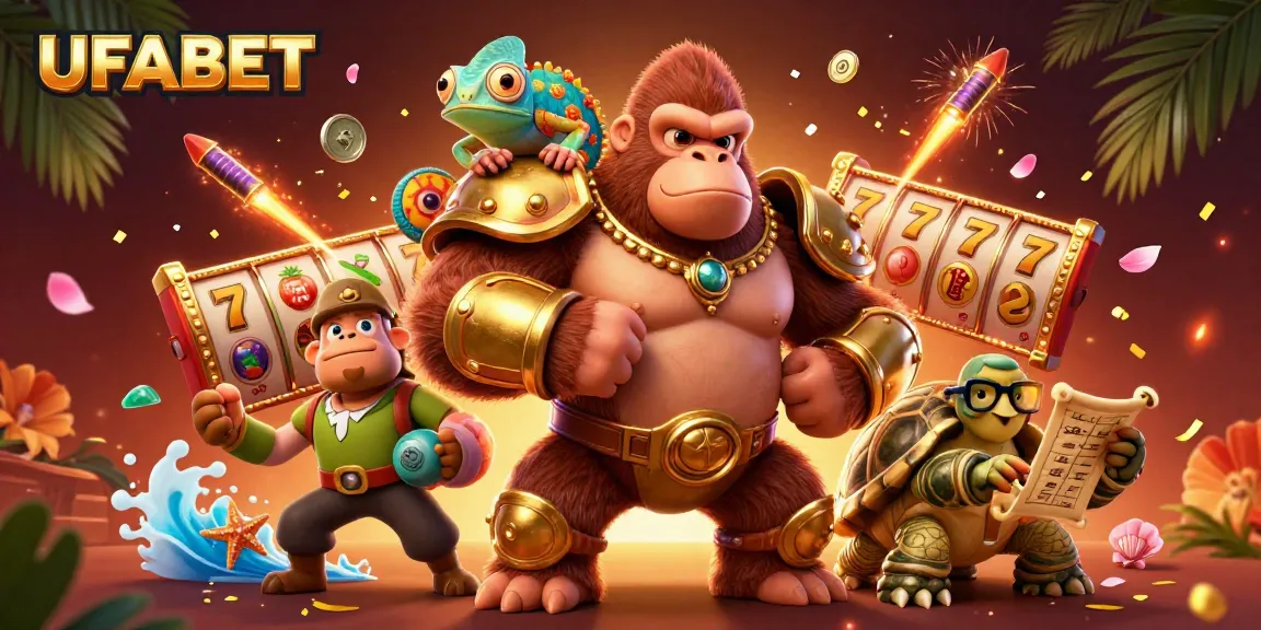 Experience thrilling wins on UFABET with an exhilarating 3D image featuring characters and casino elements.