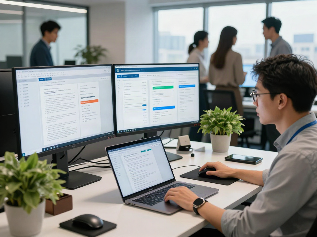 Data analyst reviewing document fraud detection software in a modern office setting