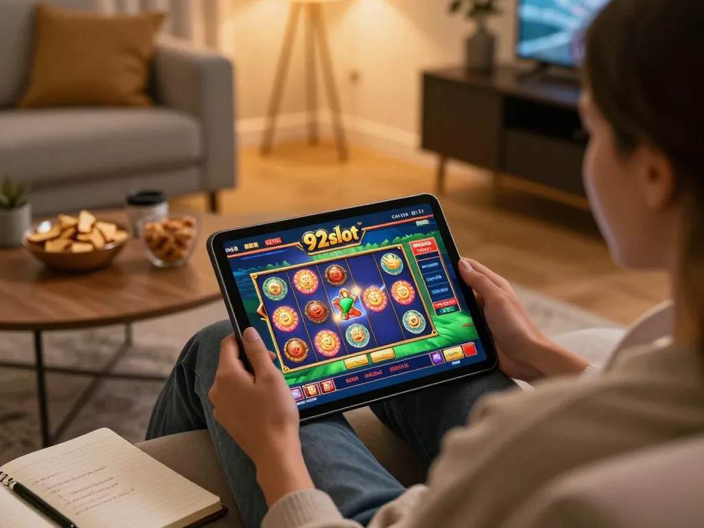 Engaging with the 92slot online casino interface while strategizing at home