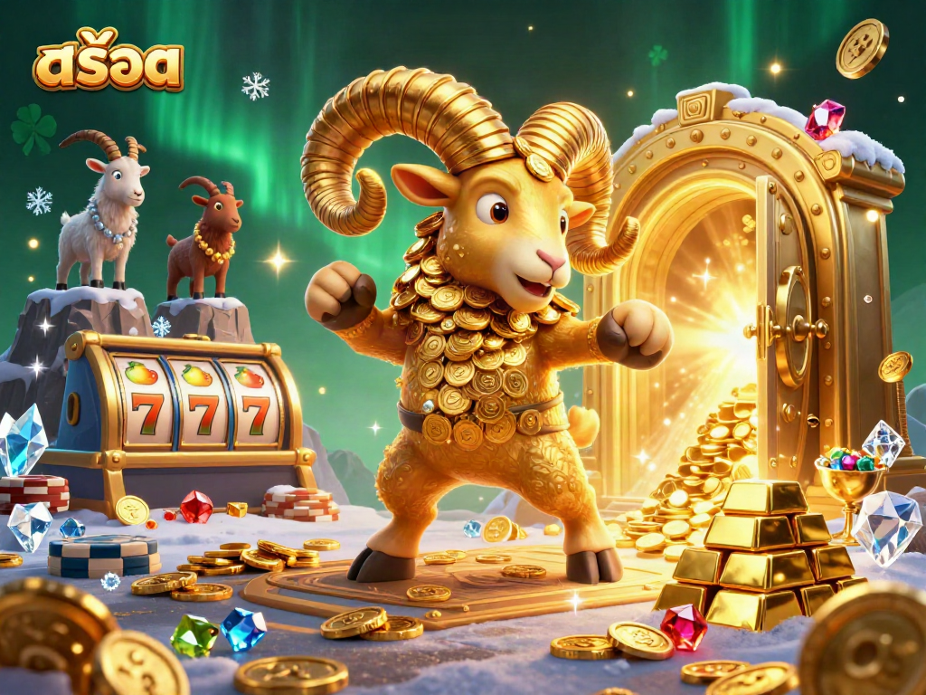 Spin the reels with สล็อต as a golden ram charges towards wealth, surrounded by treasures.