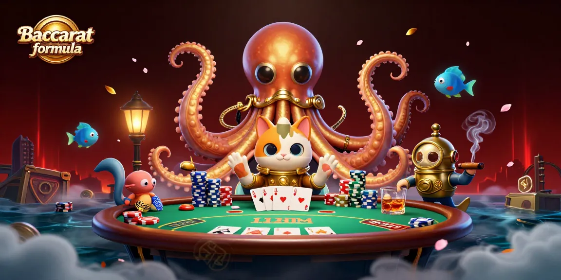 Engage with the Baccarat formula as a colossal kraken and diving cat bring a vibrant casino scene to life.