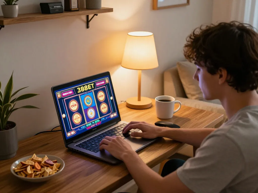 Player engaging in online gaming on 388bet with vivid slot visuals, enjoying a cozy atmosphere at home