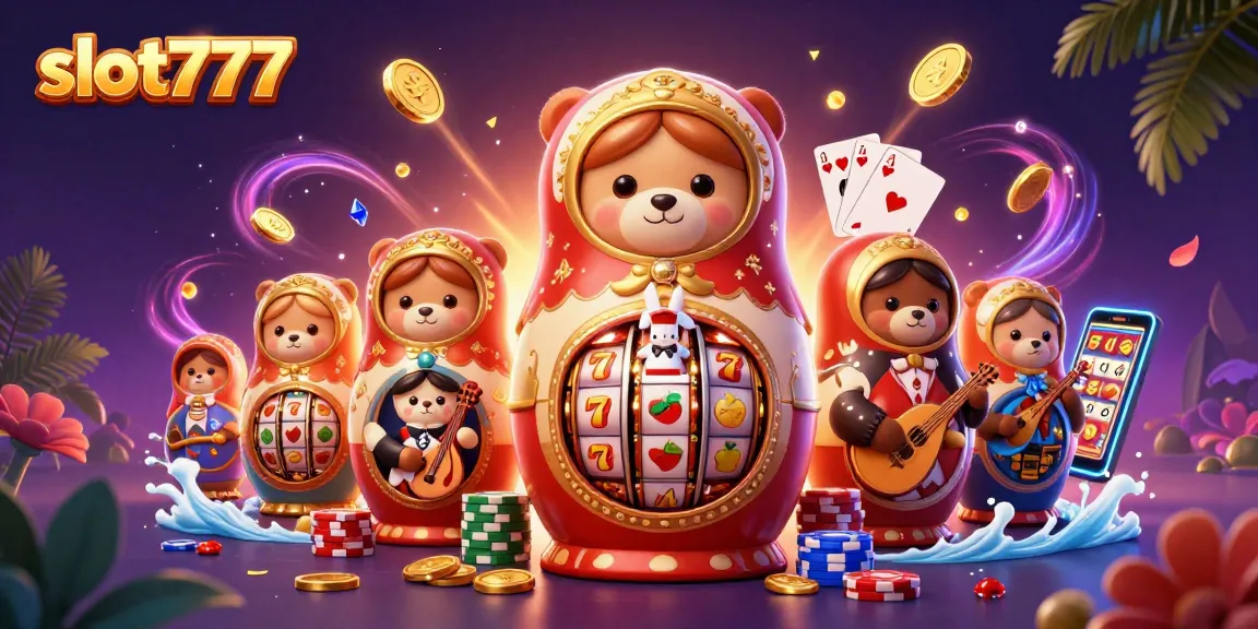 Bermain slot777 dengan mesin slot menarik dan simbol keberuntungan yang berkilauan.