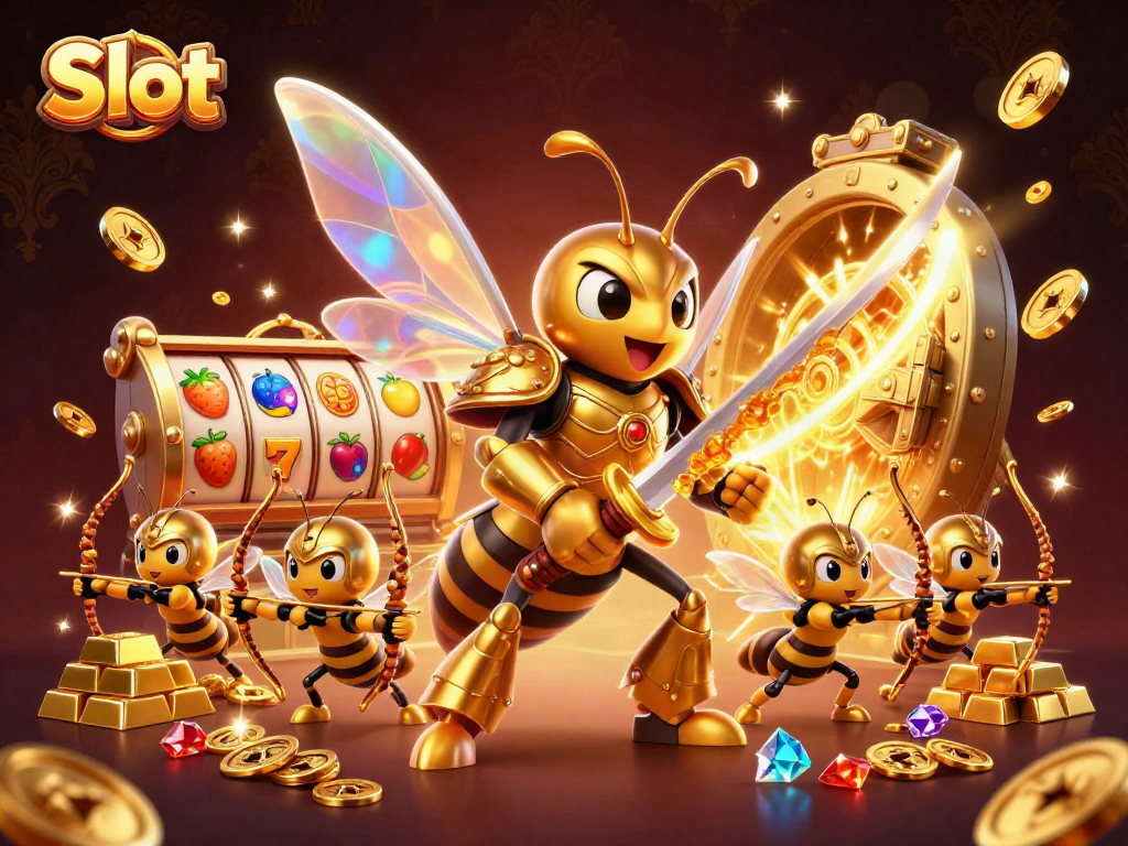 Engage with Slot games featuring a golden hornet and dynamic spinning reels in a vibrant casino scene.