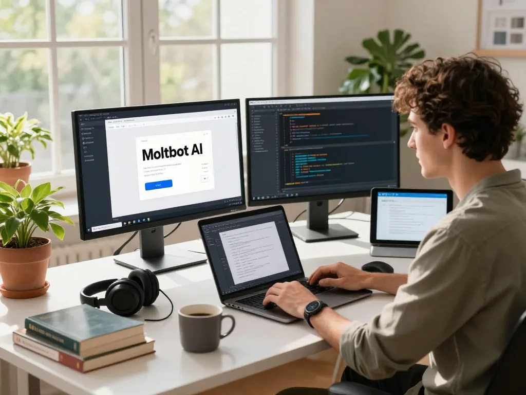 Moltbot AI installation scene featuring a developer at a desk with multiple monitors and coding tools in a bright home office.