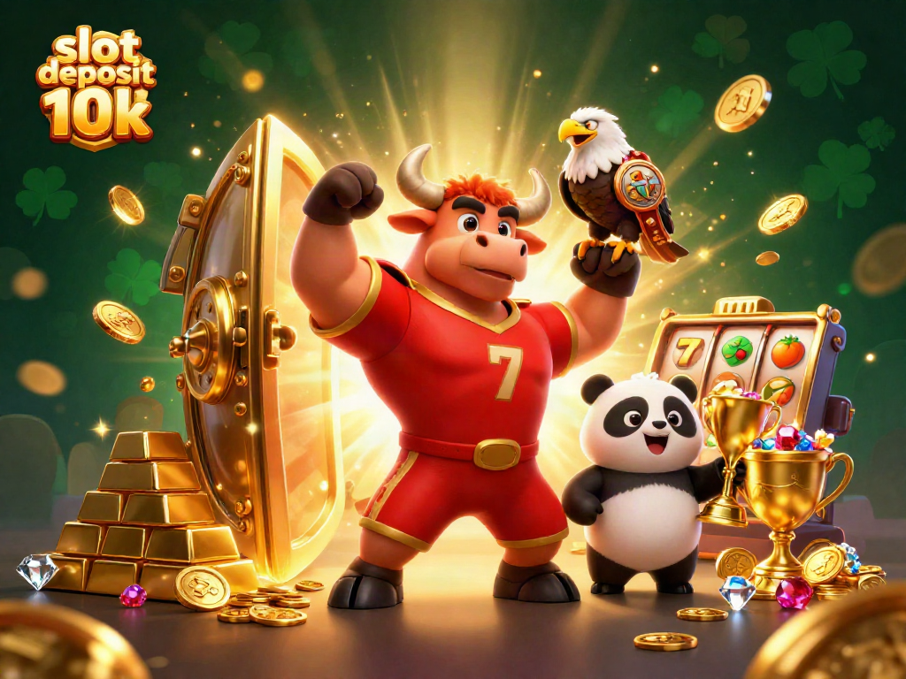 Experience the thrill of slot deposit 10k with a dynamic 3D casino scene featuring mascots and gold treasures.
