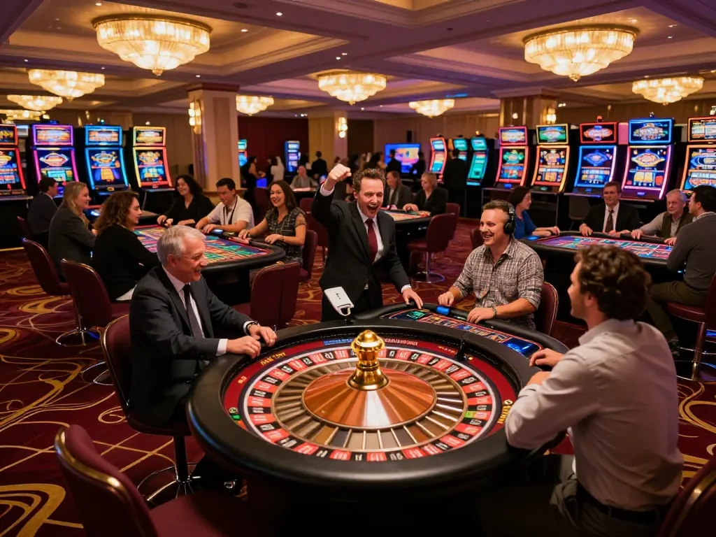 Experience the thrill at va88's roulette table, where players celebrate their bets in an upscale casino.