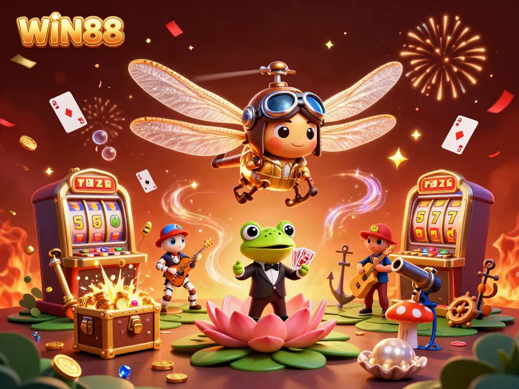 Experience WIN88 with a vibrant 3D illustration showcasing dynamic casino activities, featuring a dragonfly pilot and frog croupier.