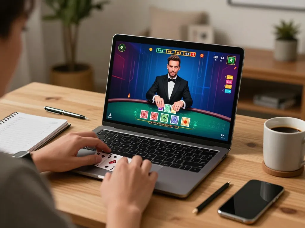 Kubet3933 player strategizing during live dealer blackjack game at home desk.