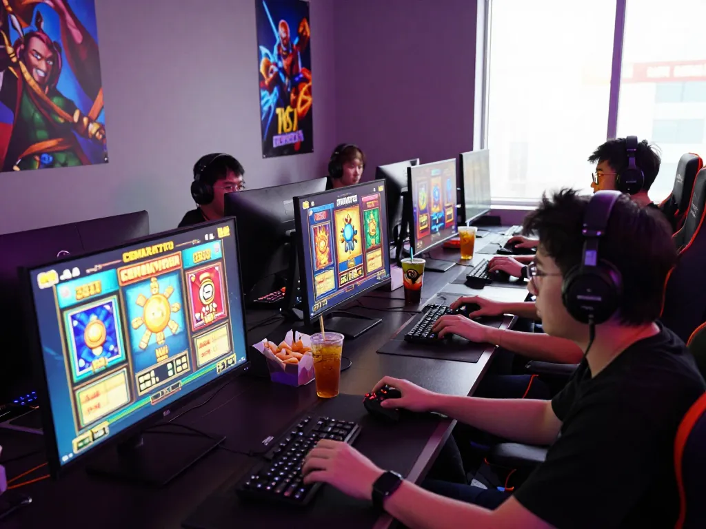 CEMARATOTO gaming enthusiasts enjoying lively slot games on modern setups with vibrant graphics.