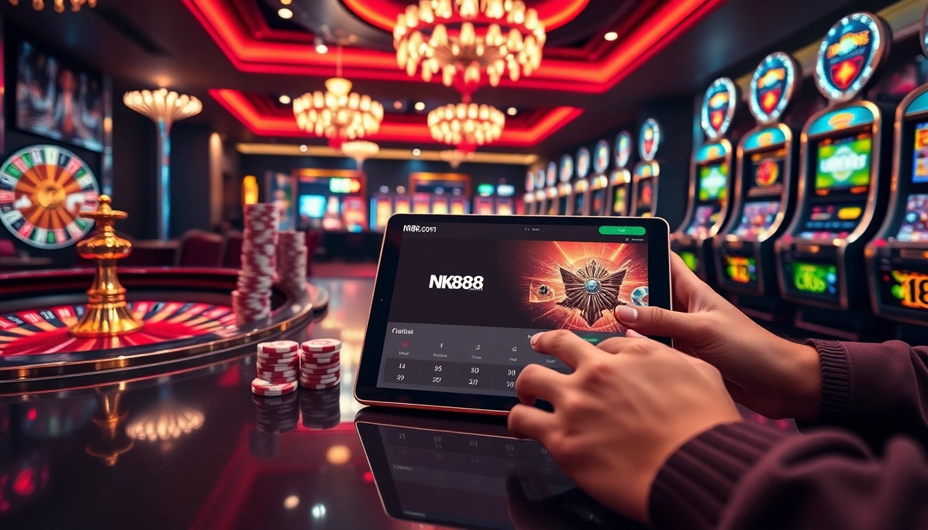 Playing at NK88.com with vibrant slot machines and roulette at a luxurious casino.