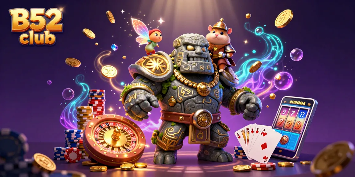Play at B52 club with a dazzling 3D illustration showcasing games, stacked chips, and magical elements.