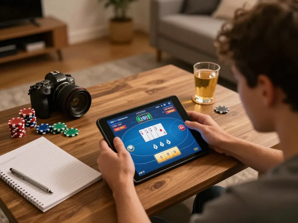 Experience competitive poker gameplay at home with fly 88 on your tablet, surrounded by strategy notes and drinks.