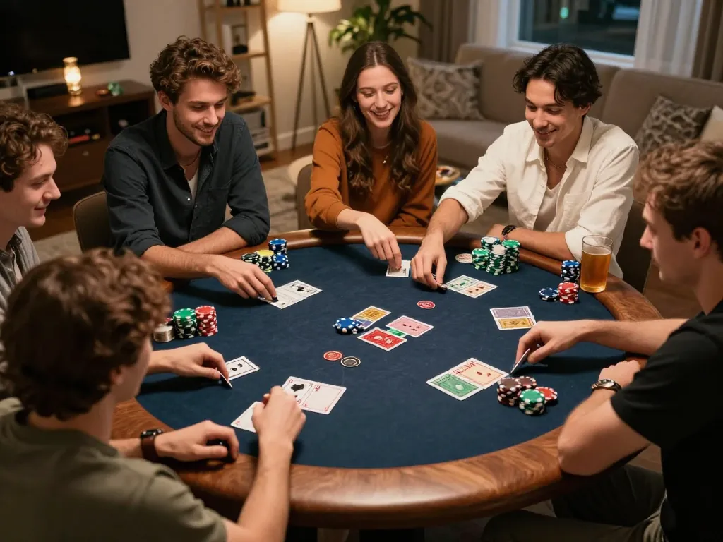 Players enjoying a friendly poker game at home, highlights the ee88 gaming experience with cards and chips on display.