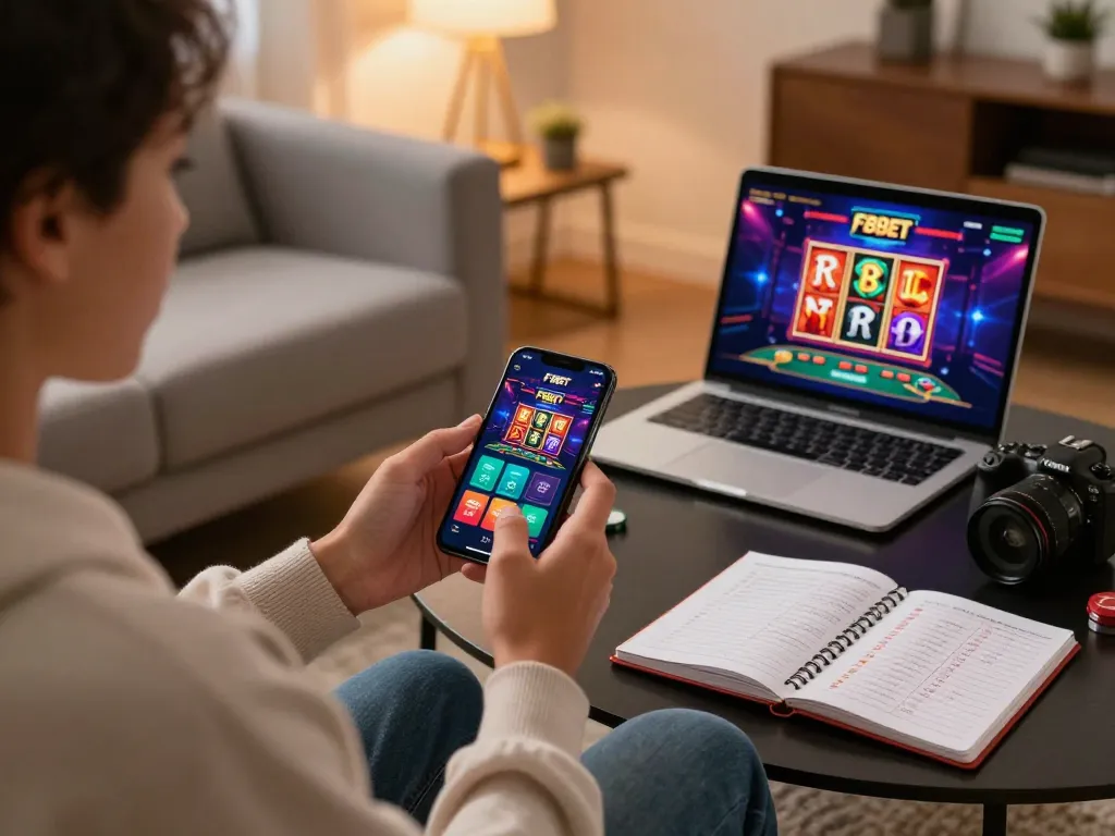 Engaging with F8BET mobile app for strategic gaming in a modern living room setting.