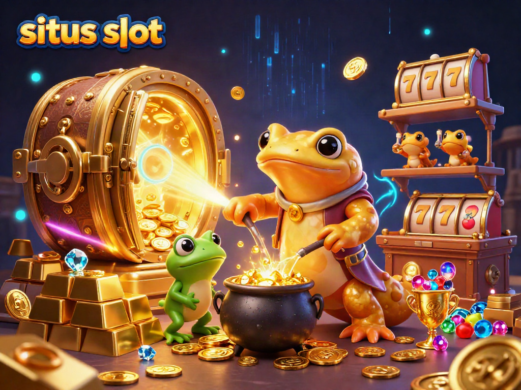 Experience thrilling slots action with our situs slot 3D cartoon illustration showcasing gold riches and dynamic casino elements.