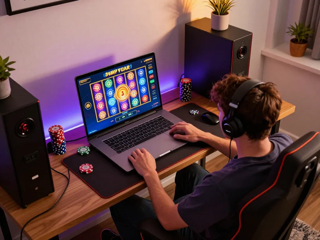 Engaging in a slot bet on a laptop reveals a colorful online gaming experience.