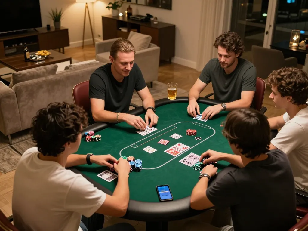 Engaging moment showcasing friends playing poker together, focusing on strategic gameplay and analyzing hands for ดูหนังใหม่.