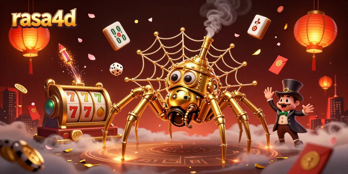 Rasa4d menghadirkan ilustrasi 3D menarik dengan laba-laba steampunk dan elemen permainan slot menambah keseruan.