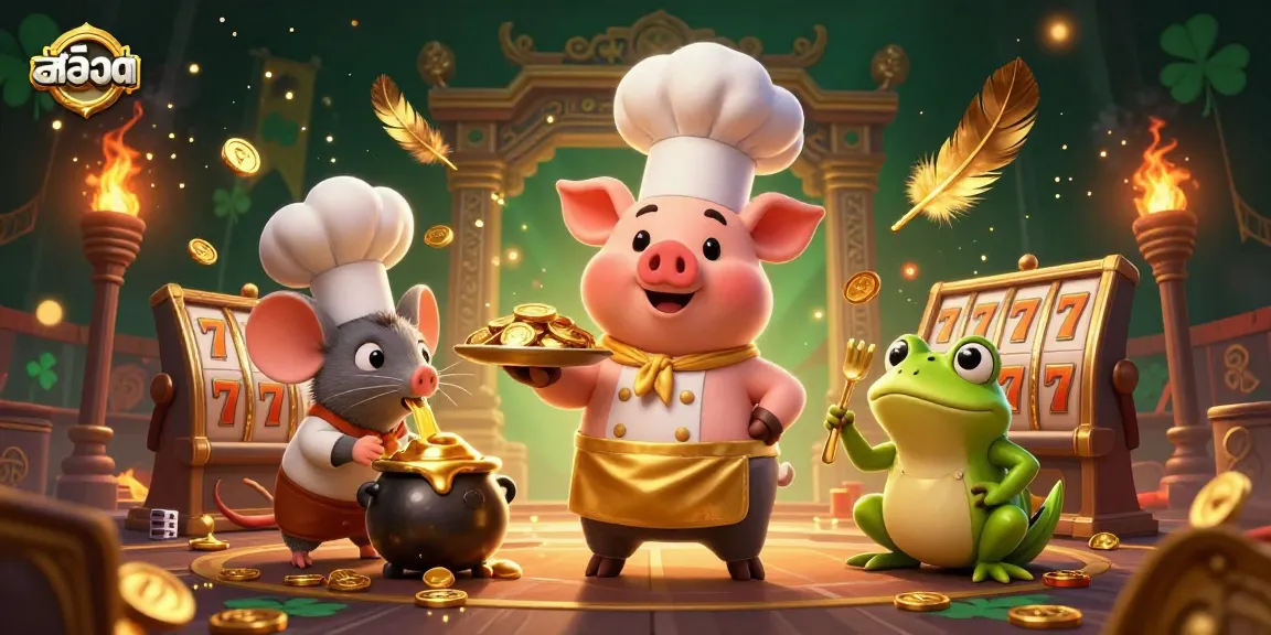 Spin the reels of สล็อต in an exciting casino scene featuring a chef pig and a tasting mouse.