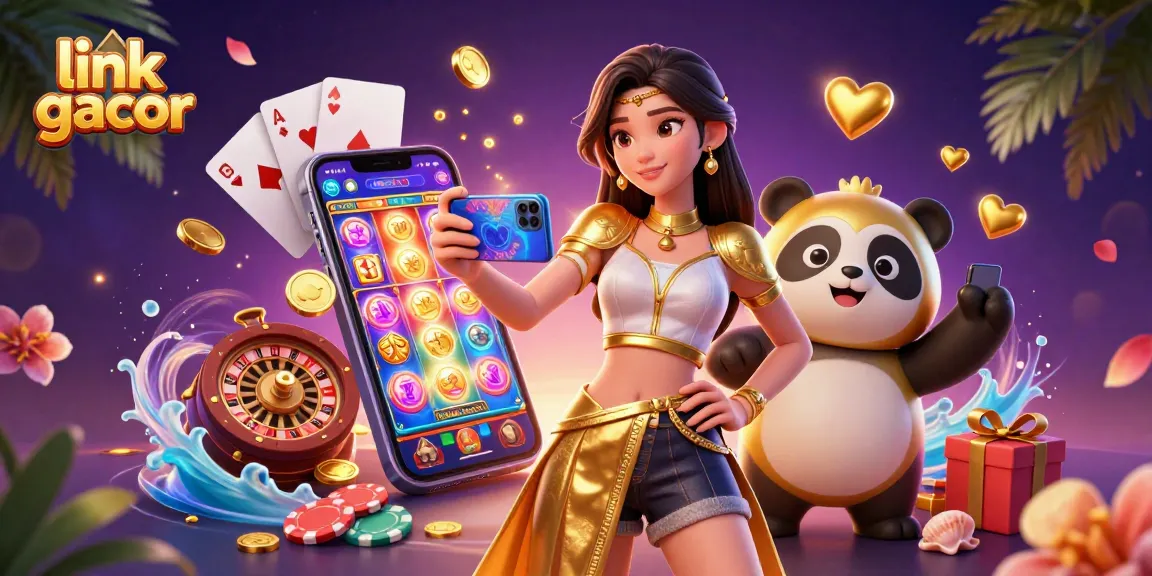 Experience the excitement of link gacor with a vibrant 3D illustration featuring casino game elements and characters.