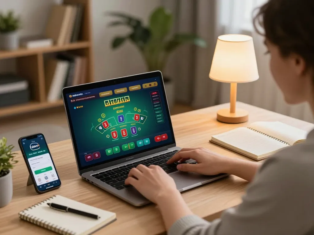 Engaging in a responsible online gambling experience at fabet using a laptop with live blackjack game.
