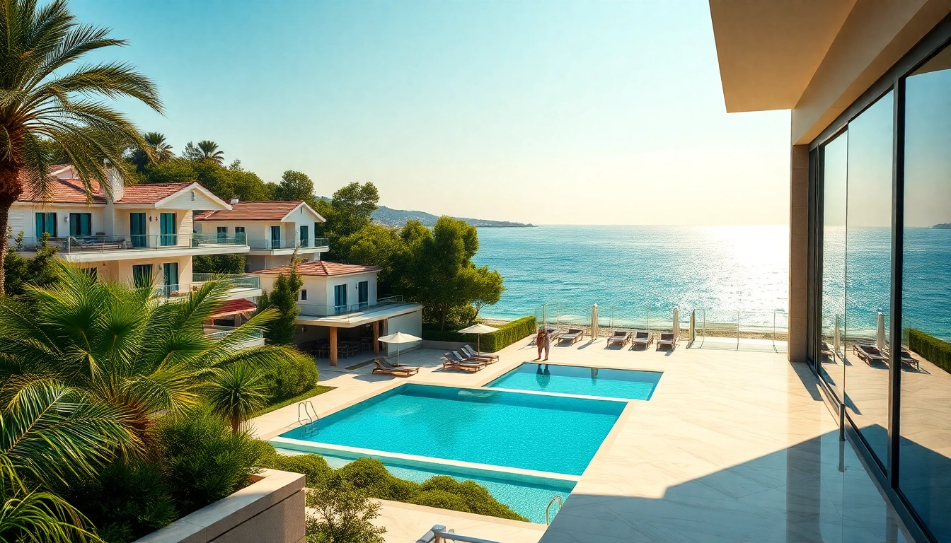 Showcase of luxurious real estate in alanya with beachfront properties and vibrant greenery.