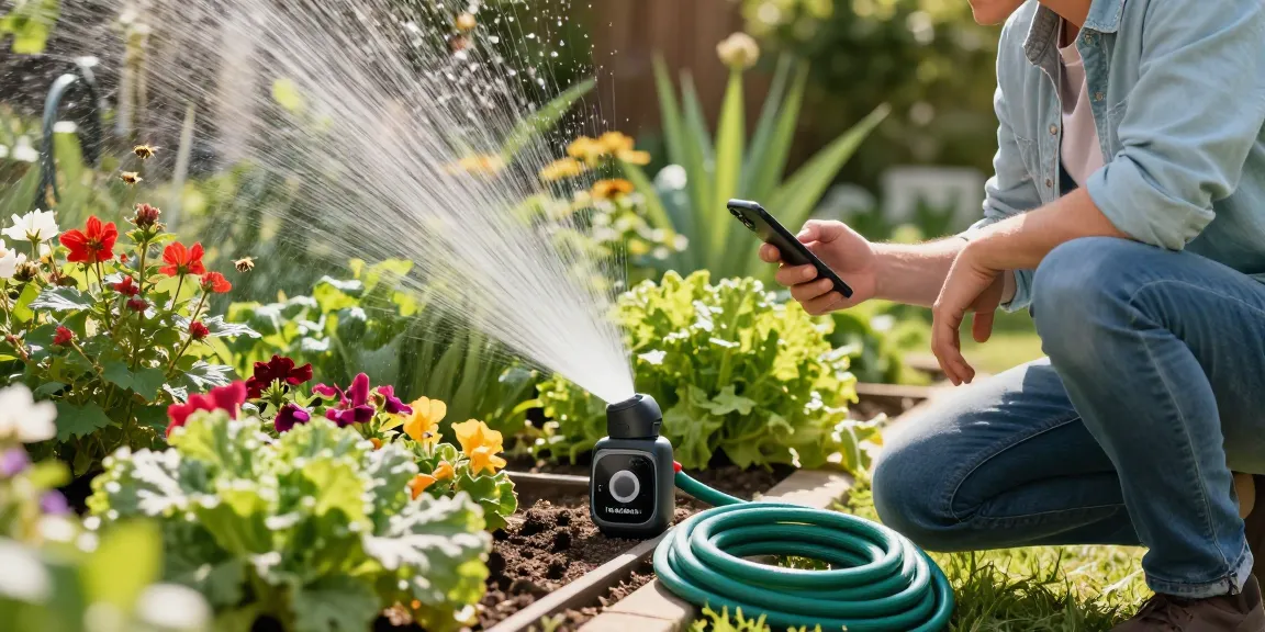 Homeowner using the rainpoint sprinkler timer in a vibrant garden, ensuring efficient watering.