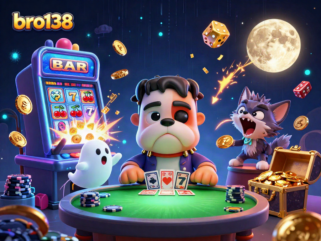 Win big at bro138 with dynamic casino action featuring a 3D cartoon bulldog dealer and vibrant game elements.