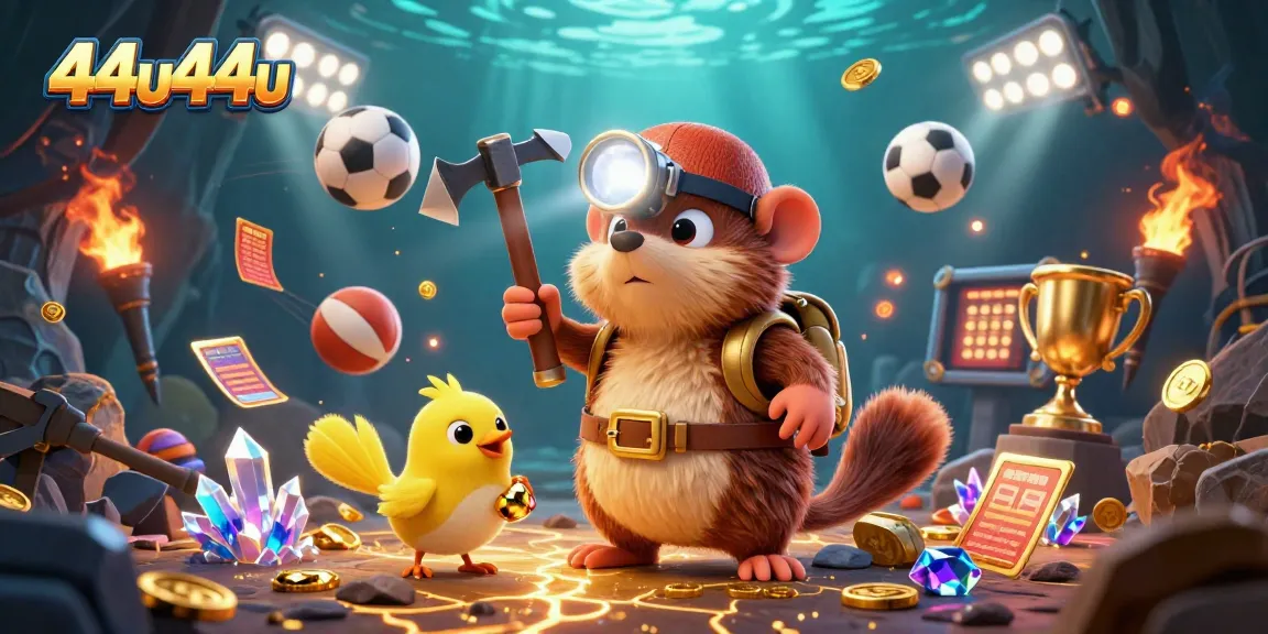 Experience the thrill of 44u44u with dynamic sports elements and a treasure hunter scene.
